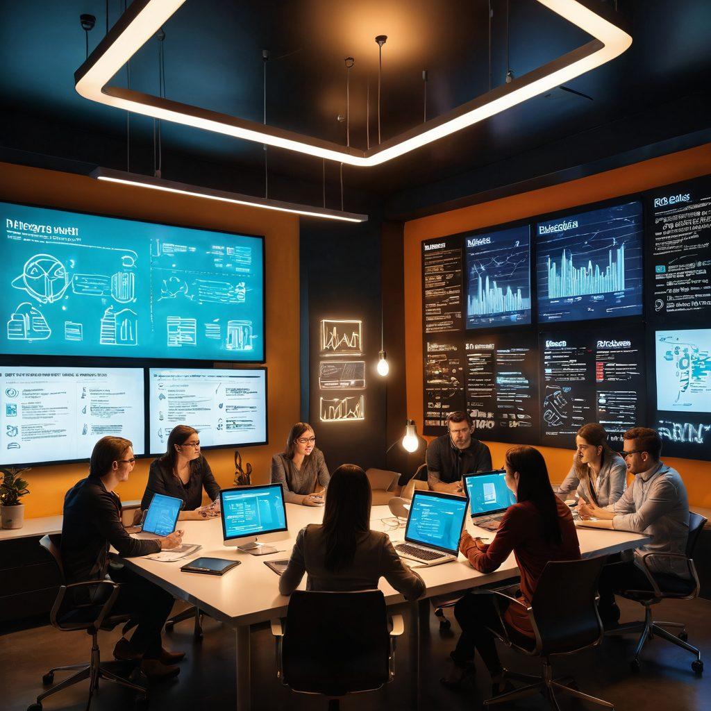 A dynamic scene showcasing a diverse group of individuals brainstorming at a modern workspace, surrounded by digital screens displaying SEO metrics and publishing ideas. Incorporate elements of lightbulbs representing ideas, upward arrows for growth, and books symbolizing knowledge. The atmosphere should feel collaborative and energetic, filled with vibrant colors to add excitement. super-realistic. vibrant colors. modern design.