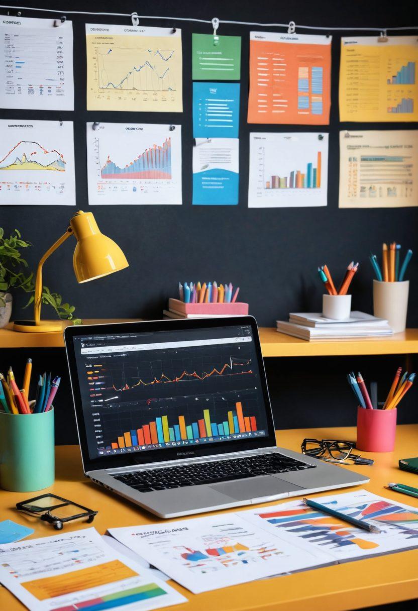 A captivating workspace filled with colorful stationery and a laptop with an engaging blog post displayed. Surrounding the workspace are eye-catching charts and graphs representing audience engagement and traffic growth. A light bulb above the desk symbolizes creativity and ideas, with vibrant colors enhancing the scene. super-realistic. vibrant colors. 3D.