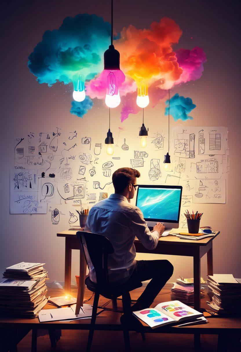 A striking image of a creative individual sitting at a desk surrounded by colorful notes, sketches, and a laptop, with a glowing light bulb above their head symbolizing inspiration. The atmosphere should feel energetic and vibrant, showcasing various art supplies and technology merging creatively. Soft, dreamy background elements like clouds and abstract shapes float around to represent limitless possibilities. super-realistic. vibrant colors. high contrast.